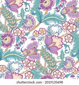 Seamless pattern with stylized ornamental flowers in retro, vintage style. Jacobin embroidery. Colored vector illustration isolated on white background.