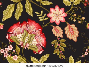 Seamless pattern with stylized ornamental flowers in retro, vintage style. Jacobin embroidery. Colored vector illustration isolated on black background.