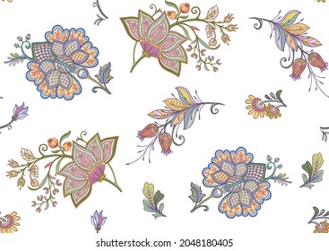 Seamless pattern with stylized ornamental flowers in retro, vintage style. Jacobin embroidery. Colored vector illustration isolated on white background.