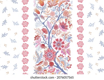 Seamless pattern with stylized ornamental flowers in retro, vintage style. Colored vector illustration. Isolated on white background.