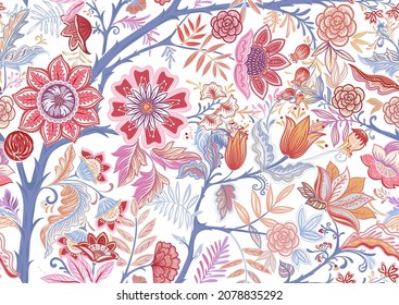 Nahtloses Muster mit stilisierten Zierblumen im Retro-, Vintage-Stil. Farbige Vektorgrafik. Einzeln auf weißem Hintergrund.