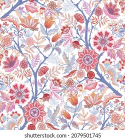 Seamless pattern with stylized ornamental flowers in retro, vintage style. Colored vector illustration. Isolated on white background.