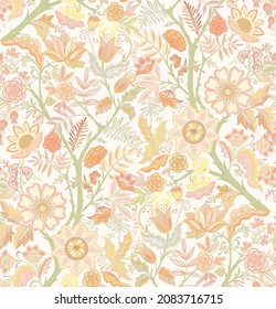 Seamless pattern with stylized ornamental flowers in retro, vintage style. Vector illustration in soft colors
