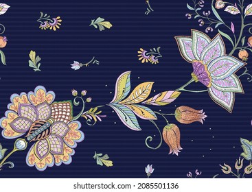 Patrón sin foco con flores ornamentales estilizadas en estilo retro, vintage. Borde de Jacobin. Ilustración vectorial de color sobre fondo negro.