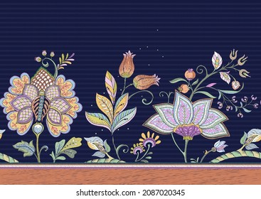 Patrón sin foco con flores ornamentales estilizadas en estilo retro, vintage. Borde de Jacobin. Ilustración vectorial de color sobre fondo negro.