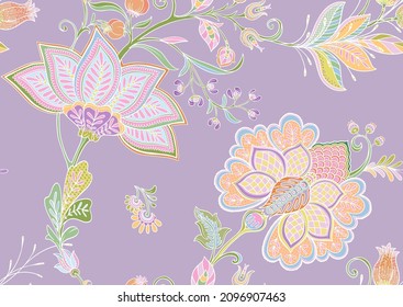 Seamless pattern with stylized ornamental flowers in retro, vintage style. Jacobin embroidery. Colored vector illustration on soft violet background.