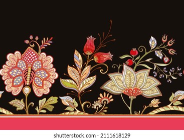 Seamless pattern with stylized ornamental flowers in retro, vintage style. Jacobin embroidery. Colored vector illustration on black background.