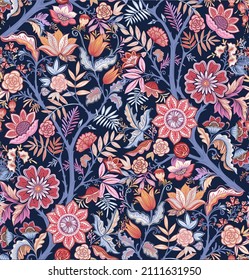 Seamless pattern with stylized ornamental flowers in retro, vintage style. Colored vector illustration on navy blue background.