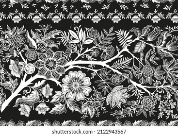 Seamless pattern with stylized ornamental flowers in retro, vintage style. Black and white graphics. Vector illustration.