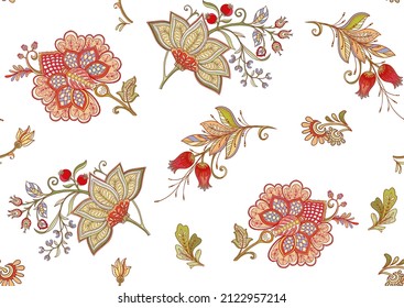 Seamless pattern with stylized ornamental flowers in retro, vintage style. Jacobin embroidery. Colored vector illustration on white background.