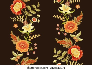 Seamless pattern with stylized ornamental flowers in retro, vintage style. Jacobin embroidery. Colored vector illustration on brown background.