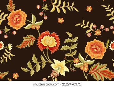 Seamless pattern with stylized ornamental flowers in retro, vintage style. Jacobin embroidery. Colored vector illustration on brown background.