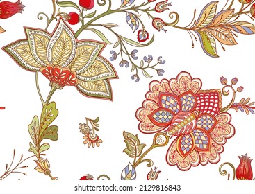 Seamless pattern with stylized ornamental flowers in retro, vintage style. Jacobin embroidery. Colored vector illustration on white background.