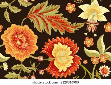 Nahtloses Muster mit stilisierten Zierblumen im Retro-, Vintage-Stil. Jacobinstickerei. Farbige Vektorgrafik auf braunem Hintergrund.