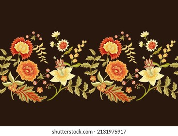 Nahtloses Muster mit stilisierten Zierblumen im Retro-, Vintage-Stil. Jacobinstickerei. Farbige Vektorgrafik auf braunem Hintergrund.