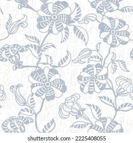 Nahtloses Muster mit stilisierten Zierblumen im Retro-, Vintage-Stil. Jacobinstickerei. In sanft gelben Farben. Nahtlose Retro-Abstrakte strukturierte blaue Blume auf weißem, schluckstoffstrukturiertem Hintergrund.