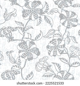 Seamless pattern with stylized ornamental flowers in retro, vintage style. Jacobin embroidery. In soft yellow colors. Seamless retro abstract textured grey floral on white slub textured background.