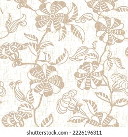 Seamless pattern with stylized ornamental flowers in retro, vintage style. Jacobin embroidery. In soft yellow colors. Seamless retro abstract textured beige floral on white slub textured background.