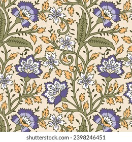 Seamless pattern with stylized ornamental flowers in retro vintage style. Jacobean embroidery.