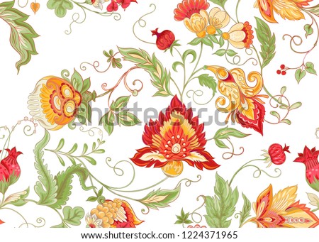 Seamless pattern with stylized ornamental flowers in retro, vintage style. Jacobean embroidery. Colored vector illustration. Isolated on white background.