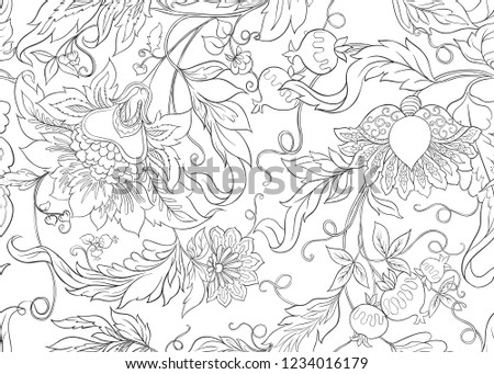Seamless pattern with stylized ornamental flowers in retro, vintage style. Jacobin embroidery.  Colored and outline design. Vector illustration.