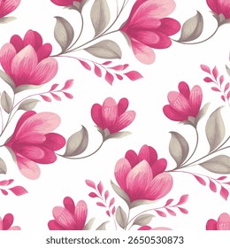 Motif harmonieux de fleurs de magnolia stylisées et peintes. Les fleurs sont d'un rose vif, légèrement sourd, avec une zone intérieure de pêche rose plus douce, plus pâle, fournissant un effet de gradient.