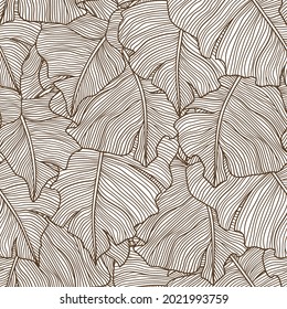 Seamless pattern with stylized palm leaves. Decorative image of tropical foliage and plants.