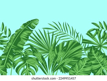 Seamless pattern with stylized palm leaves. Image of tropical foliage and plants.