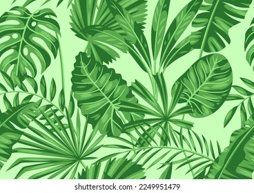 Seamless pattern with stylized palm leaves. Image of tropical foliage and plants.