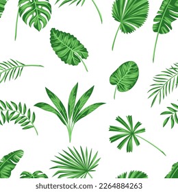 Seamless pattern with stylized palm leaves. Image of tropical foliage and plants.