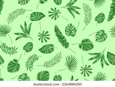 Seamless pattern with stylized palm leaves. Image of tropical foliage and plants.