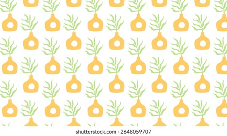 Seamless pattern of stylized palm or plant leaves in a modern clay vase, on a white background. Great for botanical, eco, or decor-themed designs. Minimalist and fresh.