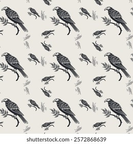 Seamless Pattern of Stylized Parrots Perched on Branches with Leaves