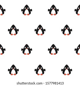 Seamless pattern with stylized penguin in flat style on white background. You can use for baby design, on textile, fabric for children, packaging, wrapping paper. Vector illustration