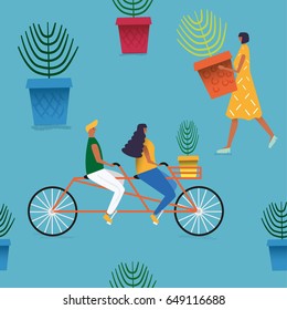 Seamless pattern. Stylized people with flowers, people on a bicycle.