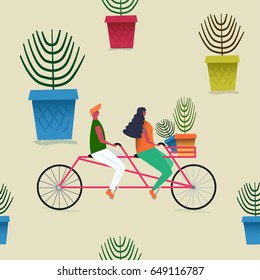 Seamless pattern. Stylized people with flowers, people on a bicycle.