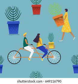 Seamless pattern. Stylized people with flowers, people on a bicycle.
