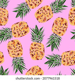 Seamless pattern with stylized pineapples on a pink background. Polygonal pineapples. Low poly. Print for paper and fabric