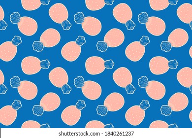 Seamless pattern of stylized pink abstract pineapples with beige strokes on a blue background. For fabric, clothing, textiles, wallpaper, digital paper, wrapping, graphic design. Vector.