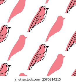 Seamless Pattern of Stylized Pink Birds With Outline Details on White. Pattern featuring pink bird silhouettes with outlined details arranged on a white background. Artistic vibes.