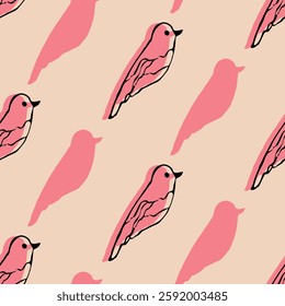 Seamless Pattern of Stylized Pink Birds and Silhouettes on Beige Background. Stylized pink bird illustrations and silhouettes arranged in a seamless pattern against a neutral beige background.