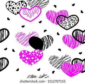 Seamless pattern. Stylized pink and black hearts on white background. Vector illustration.