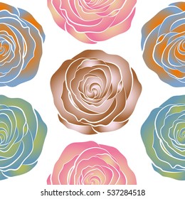 Seamless pattern of stylized pink, blue and orange roses.