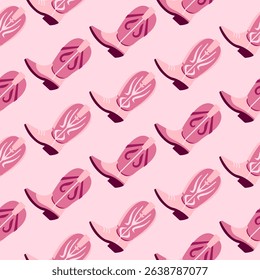 Seamless pattern with stylized pink and burgundy cowgirl boots with decorative swirl designs on light pink background. Playful Western-themed design for textiles and fun projects. Pink cowboy boots.