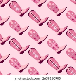 Seamless pattern with stylized pink and burgundy cowgirl boots with stars and decorative swirl designs on light pink background. Playful Western-themed design for textiles and fun projects. 