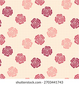 Padrão contínuo de rosas rosa estilizado e rosa escuro espalhado em um fundo de bolinhas creme