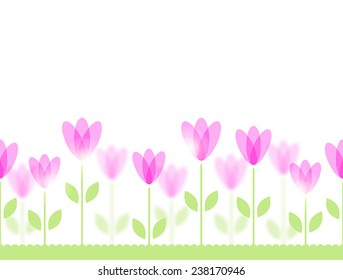 Seamless pattern with stylized pink flowers on green lawn