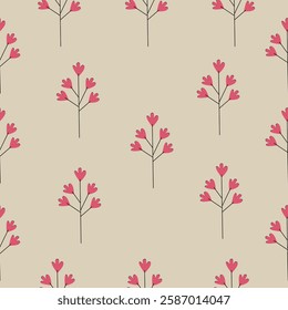 Seamless pattern with stylized pink flowers on black stems over a beige background. Modern botanical design, perfect for fabric, wallpaper, and wrapping paper