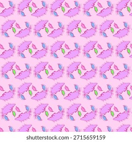 Um padrão sem costura de folhas rosa estilizado com ênfase verde e azul em um fundo rosa claro. Ideal para têxteis, papel de parede ou fundo digital. Ilustração de vetor.