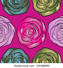 Seamless pattern of stylized pink, magenta and green roses.